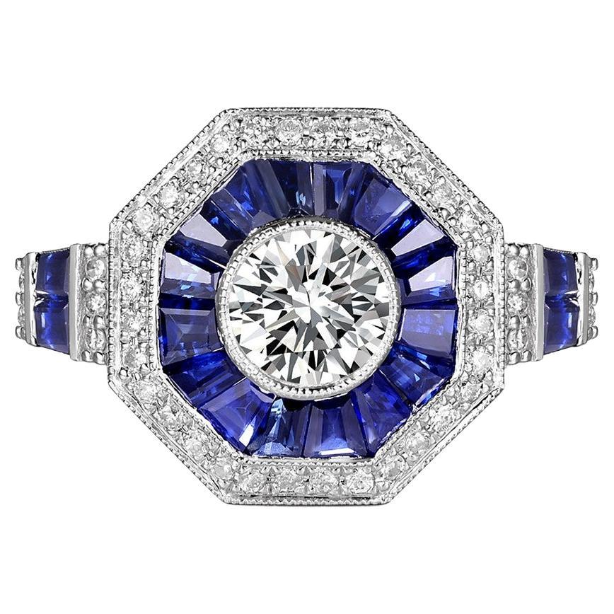 Art Deco GIA Certified 0.70 Carat Diamond Sapphire Platinum Engagement Ring