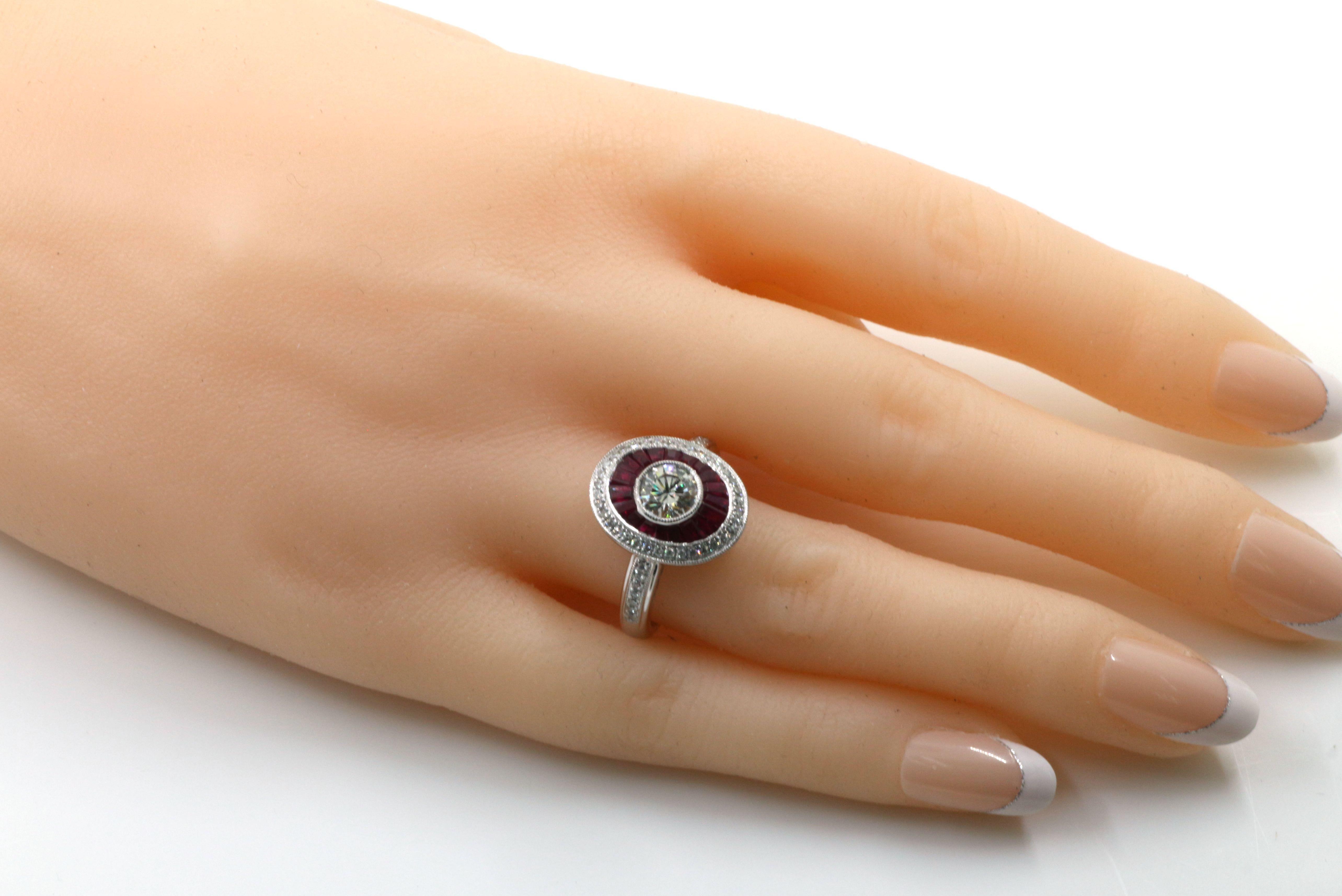 Round Cut Art Deco GIA Certified 0.74 Carat Diamond Ruby Platinum Engagement Ring