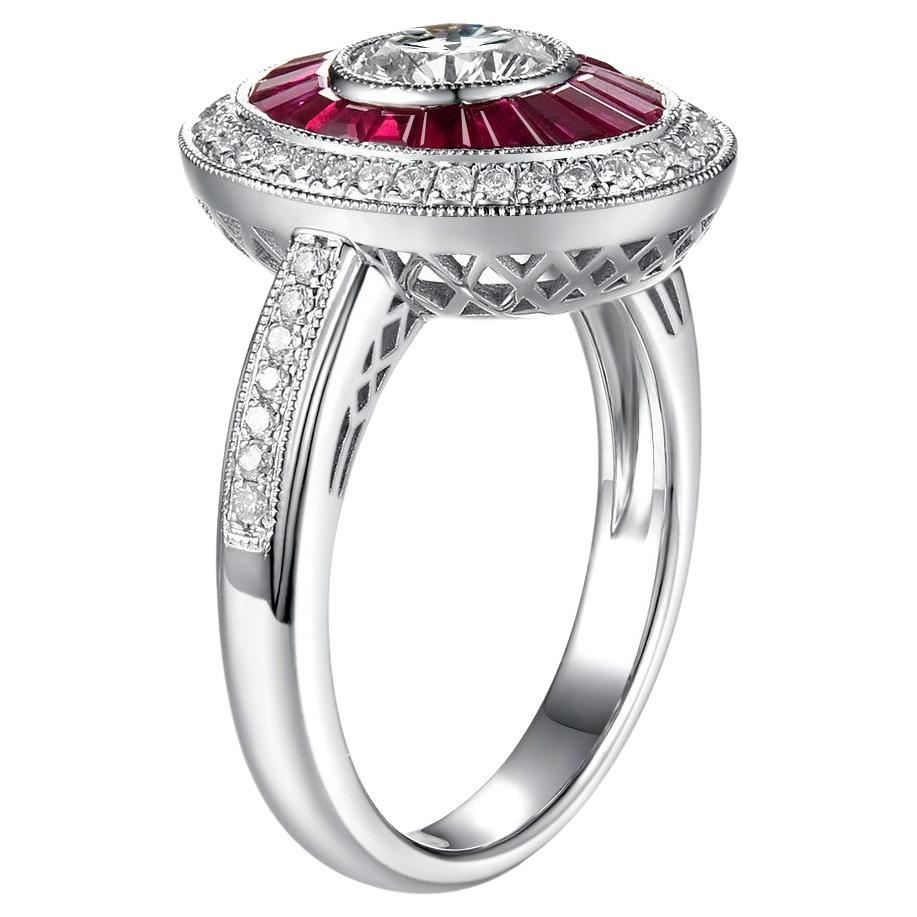 This ring features a 0.74 carat GIA certified diamond at the center (K color, VS 2 clarity, Excellent Cutting). The center diamond is assented by 1.27 carat of natural ruby halo. The ruby halo is surrounded by white round diamond halo. Ring is set