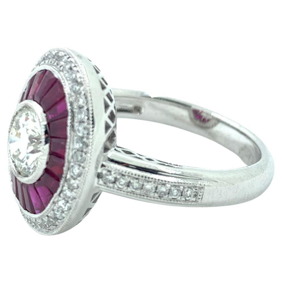 Art Deco GIA Certified 0.74 Carat Diamond Ruby Platinum Engagement Ring In New Condition In Hong Kong, HK
