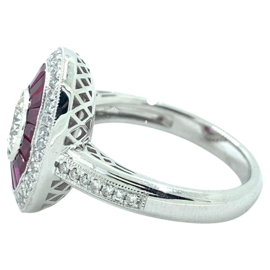 Women's Art Deco GIA Certified 0.74 Carat Diamond Ruby Platinum Engagement Ring