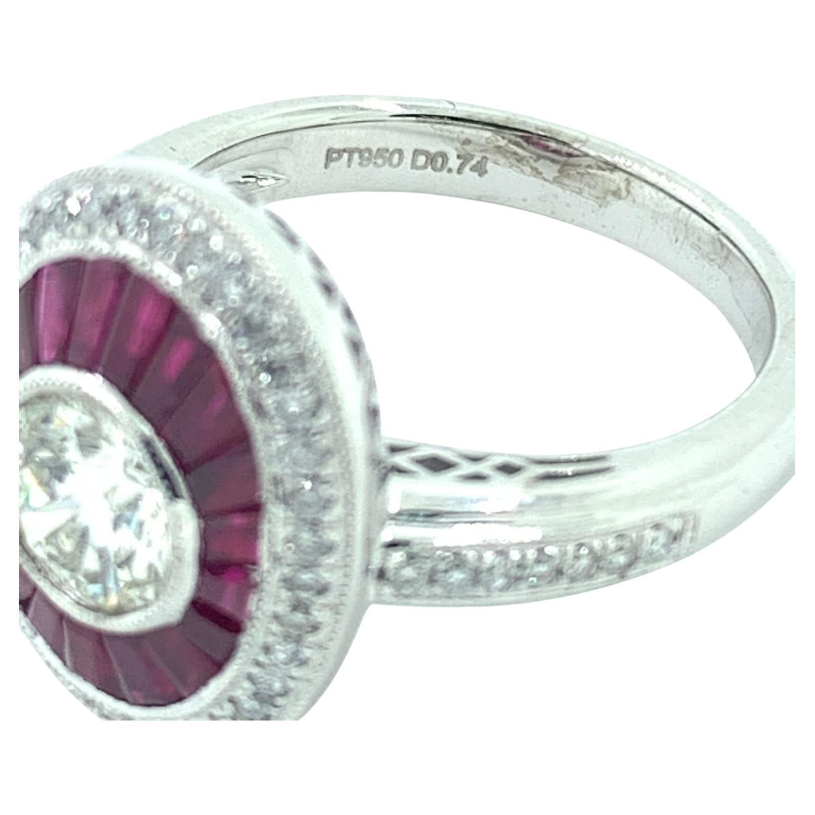 Art Deco GIA Certified 0.74 Carat Diamond Ruby Platinum Engagement Ring 2