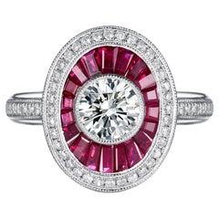 Art Deco GIA Certified 0.74 Carat Diamond Ruby Platinum Engagement Ring