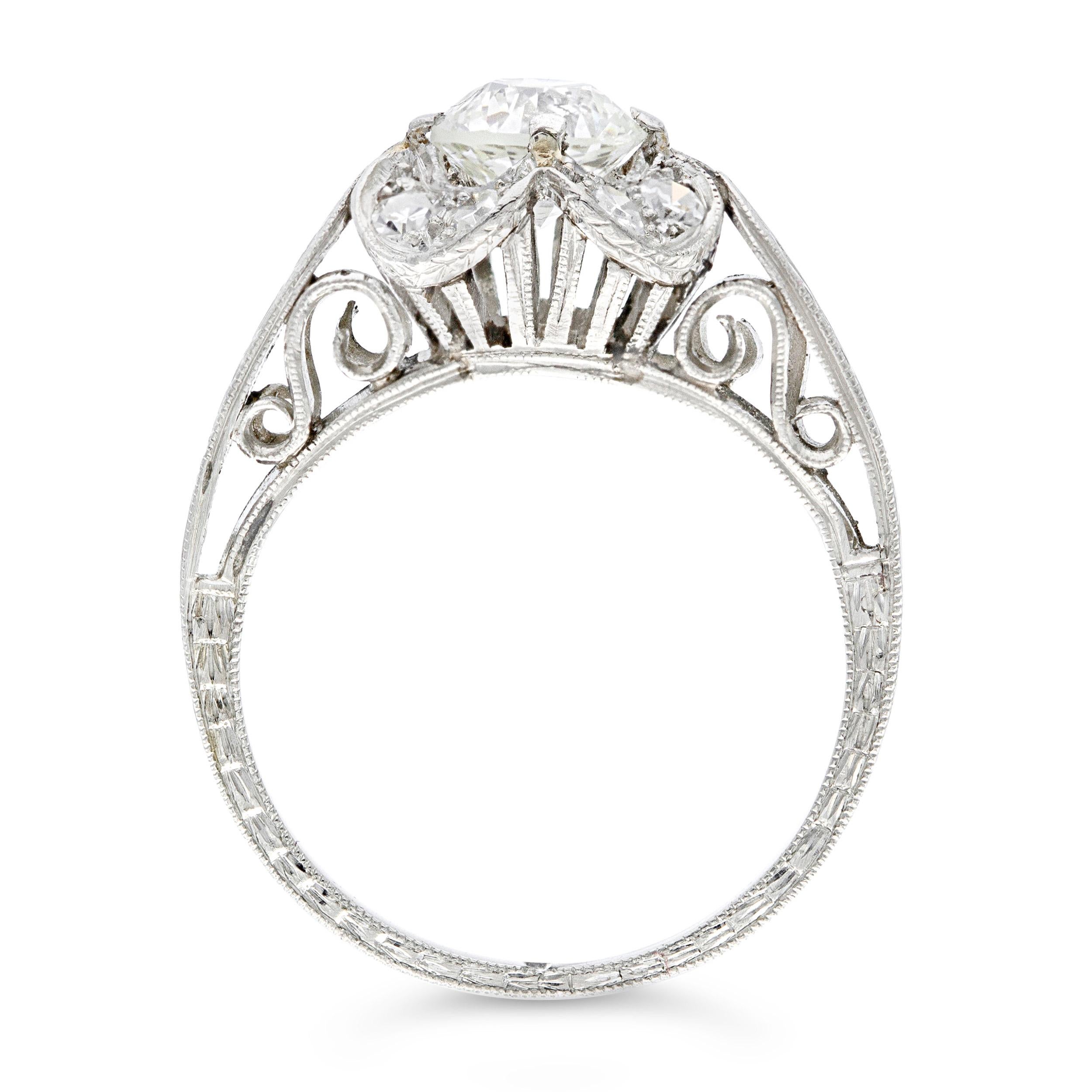 Women's Art Deco GIA Certified 0.92 Ct. Old European Filigree Ring J SI2 in Platinum For Sale