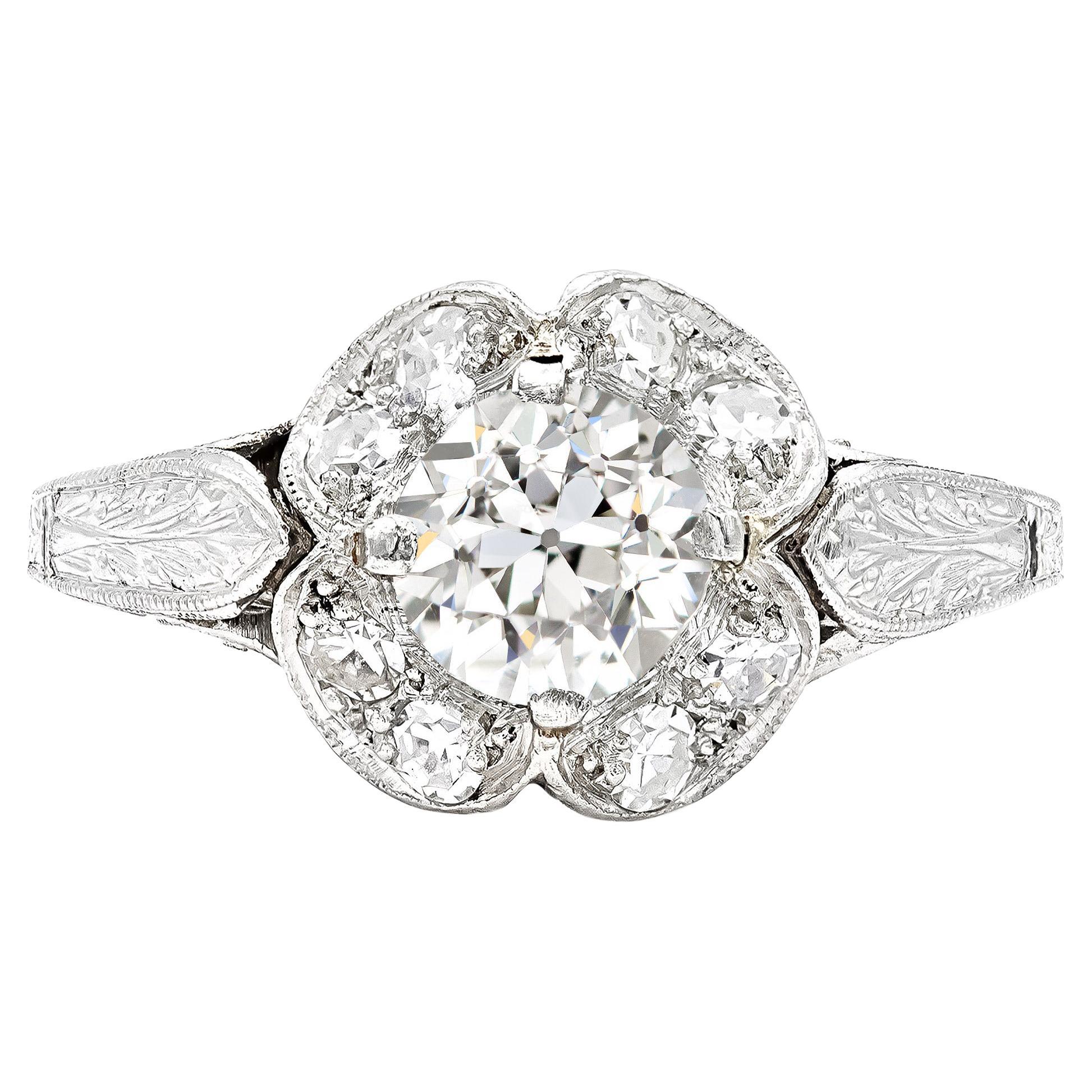 Art Deco GIA Certified 0.92 Ct. Old European Filigree Ring J SI2 in Platinum For Sale