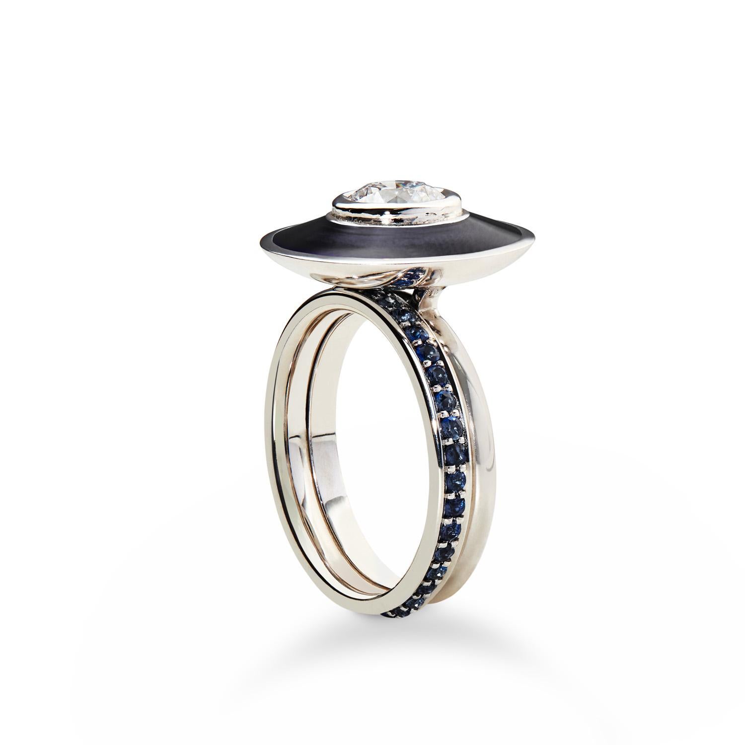 Brilliant Cut 18K White Gold GIA Certified 1 Carat Diamond Black Enamel Art Deco Style Ring  For Sale