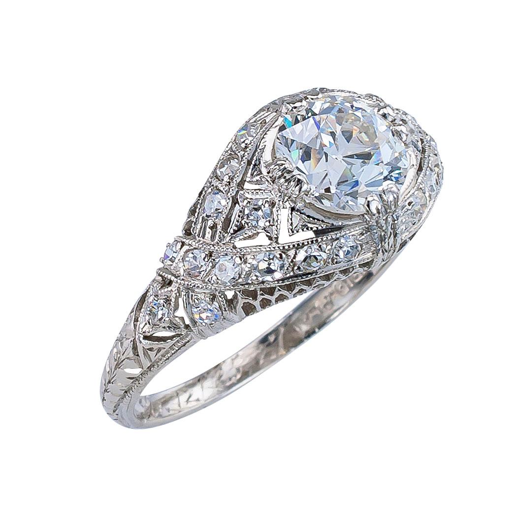 GIA report certified 1.01 carat old European cut diamond engagement ring graded G color, VS1 clarity.  Notably this genuine Art Deco platinum engagement ring is engraved inside the shank with a dedication and dated 12/25/27.  An Art Deco diamond