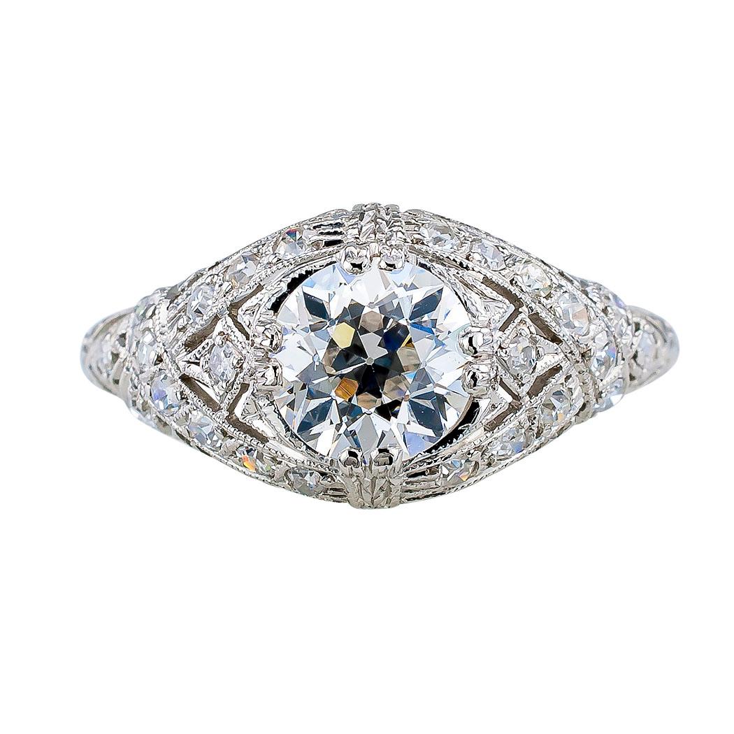 Old European Cut Art Deco GIA Certified 1.01 Carat Old European Diamond Platinum Engagement Ring