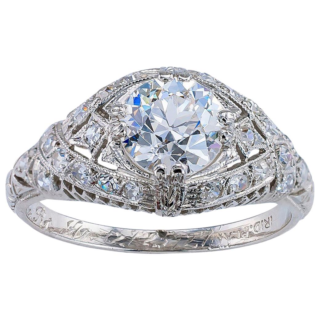 Art Deco GIA Certified 1.01 Carat Old European Diamond Platinum Engagement Ring