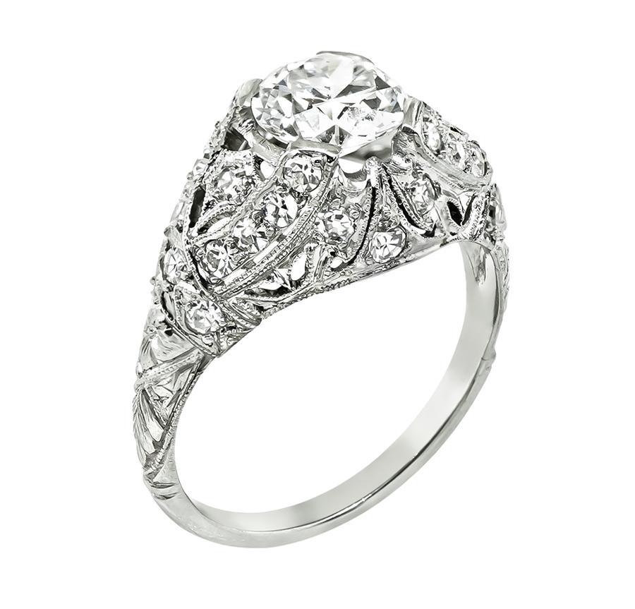 Round Cut Art Deco GIA Certified 1.12ct Diamond Engagement Ring For Sale