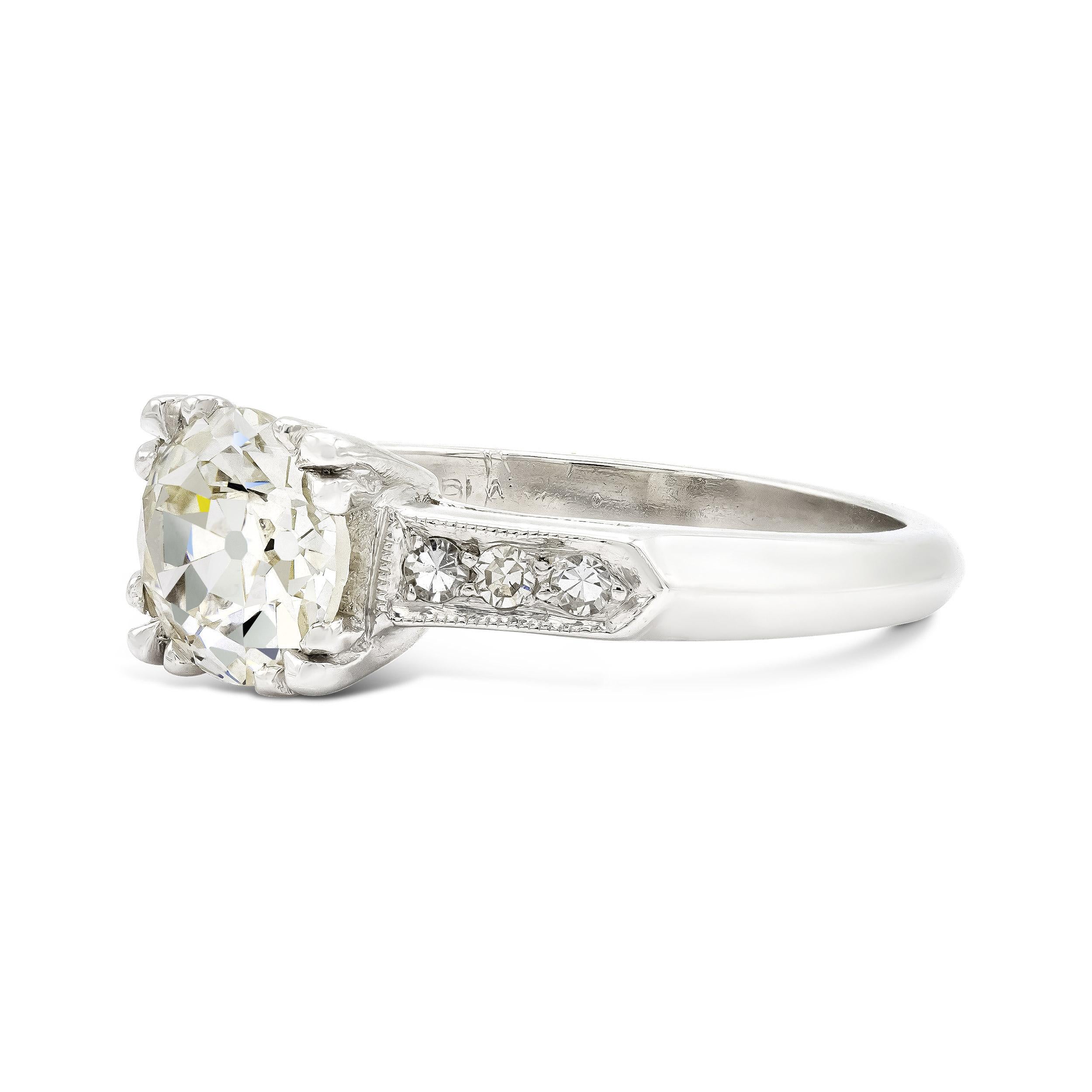 This lovely antique engagement ring has all the art deco elements we love. The platinum setting, milgraine edging, and fishtail prongs will delight any vintage enthusiast as will the 1.40-carat old European diamond beauty at its center.

Diamond
