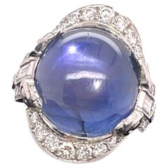 Art Deco GIA Certified 16.97CT Burma No Heat Cabochon Sapphire and Diamond Ring