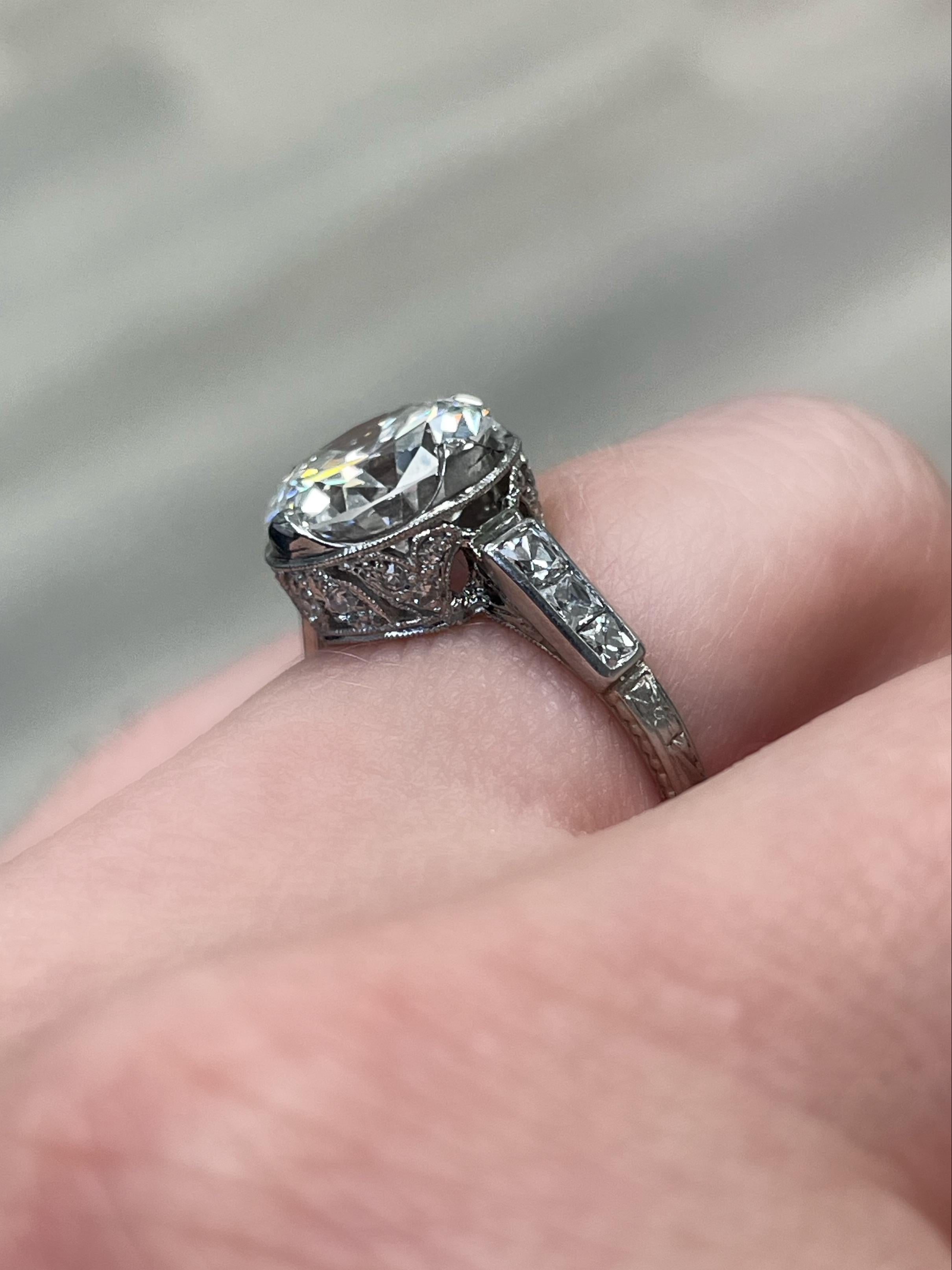 Art Deco, GIA Certified 3.31 Carat Old European Cut Diamond Engagement Ring In Excellent Condition In Chicago, IL