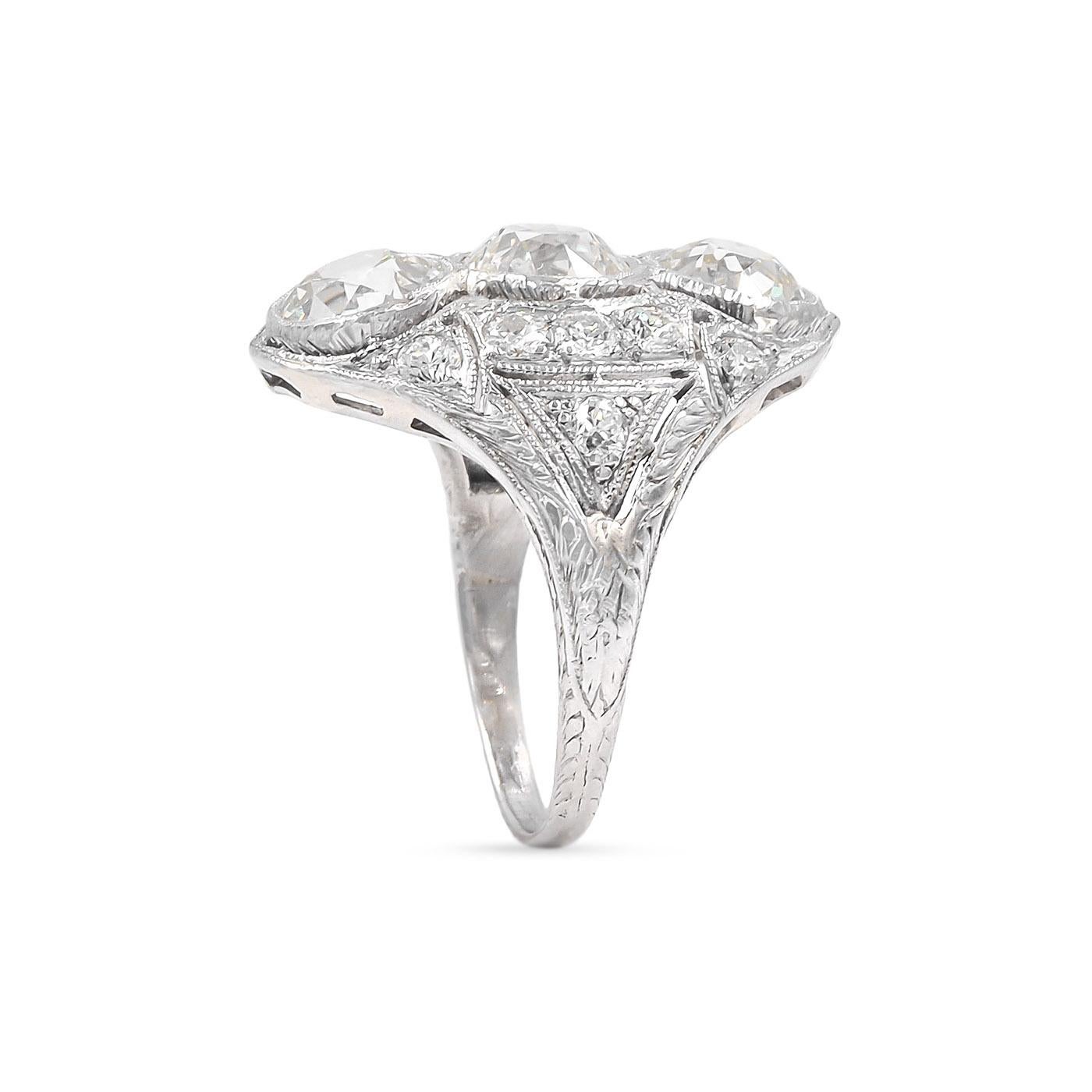 Art Deco GIA Certified 3.37ctw Old European Cut Diamond 3-Stone Dinner Ring In Excellent Condition For Sale In Los Angeles, CA