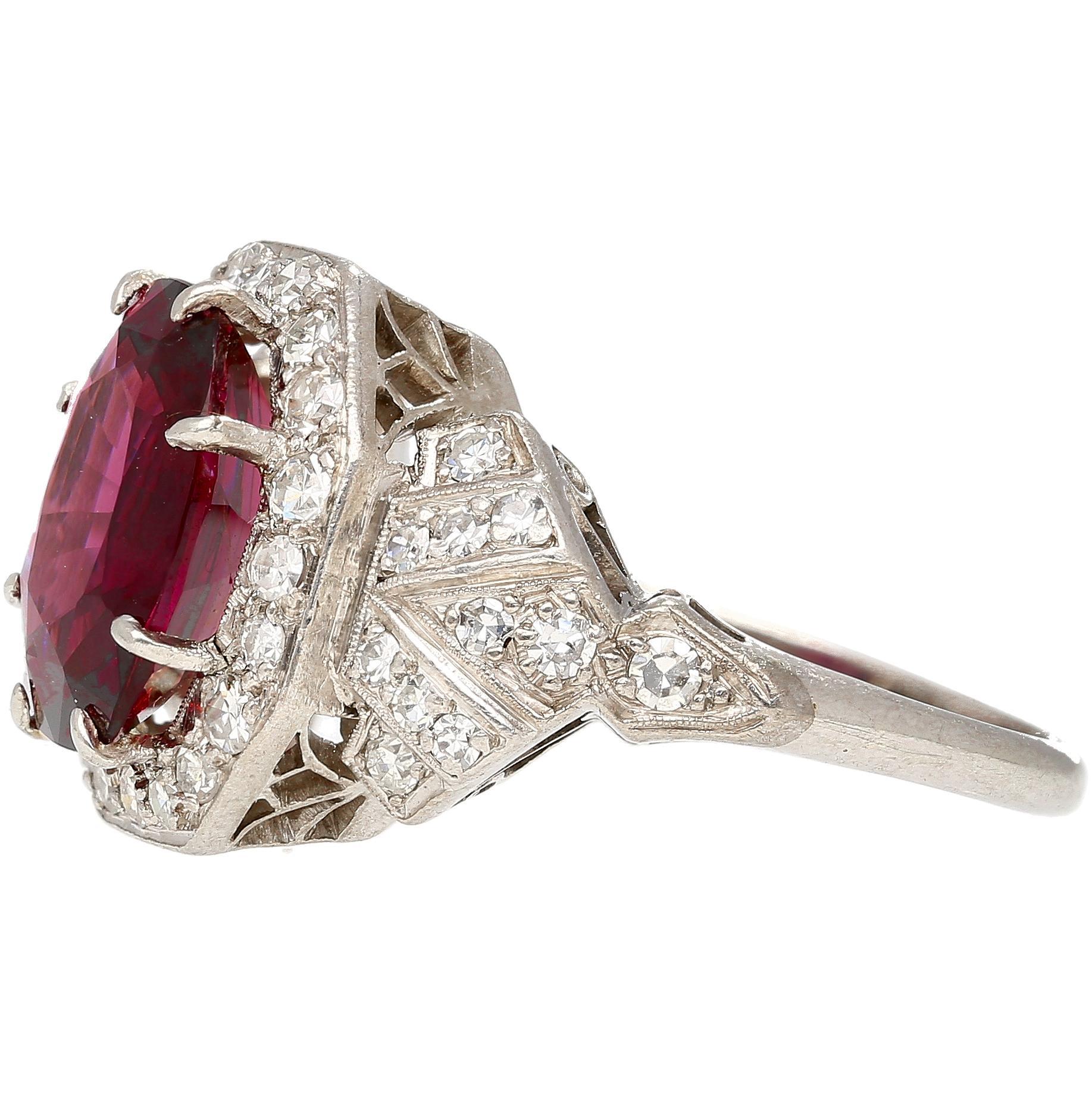 Cushion Cut Art Deco GIA Certified 4.35 Carat No Heat Spinel Vintage Platinum Ring For Sale