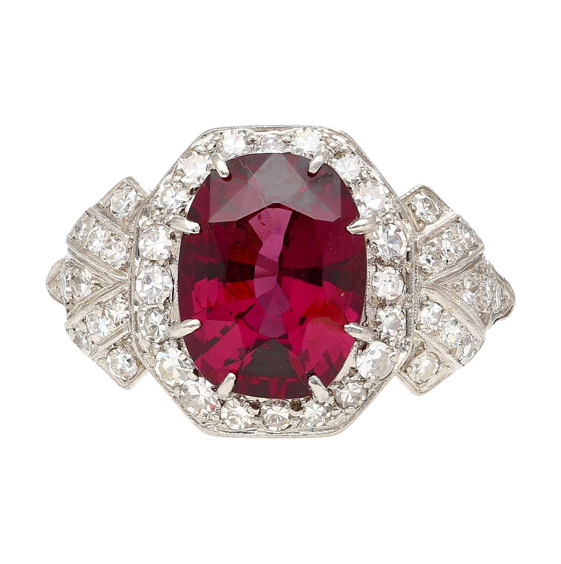 Art Deco GIA Certified 4.35 Carat No Heat Spinel Vintage Platinum Ring For Sale