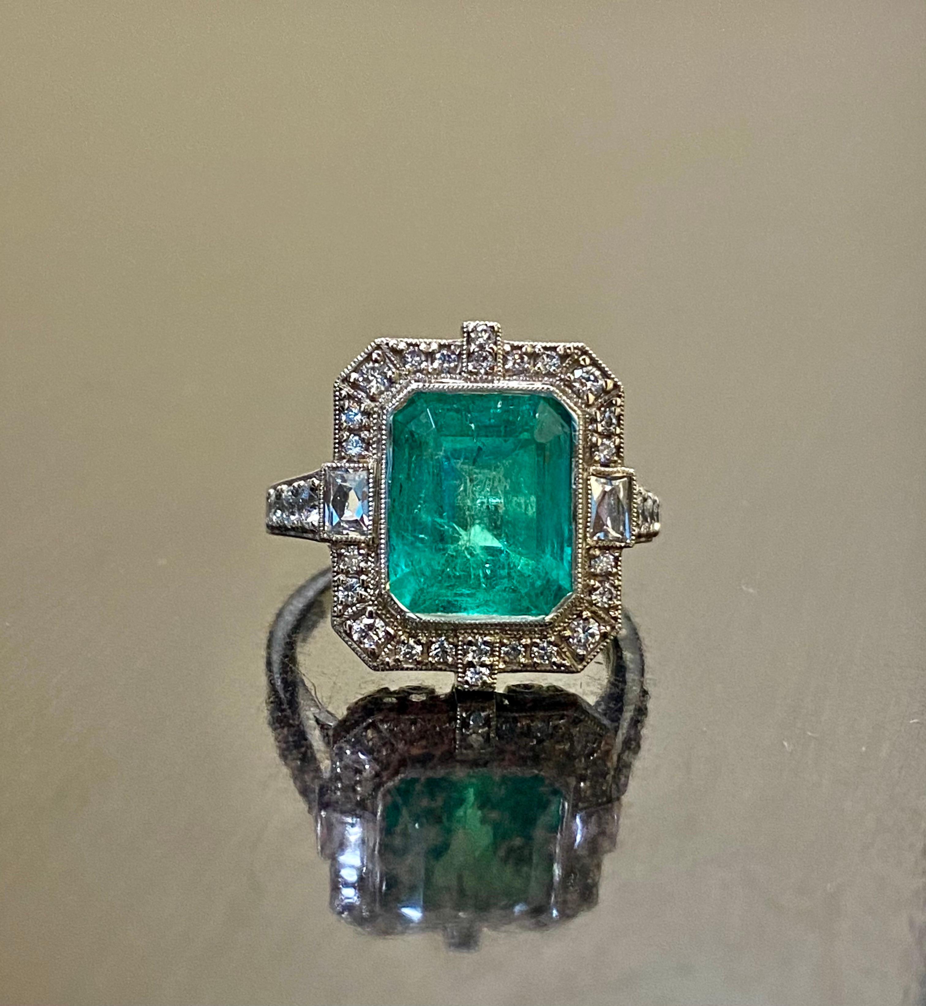 Art Deco GIA Certified 4.60 Carat Colombian Emerald Halo Diamond Engagement Ring For Sale 7