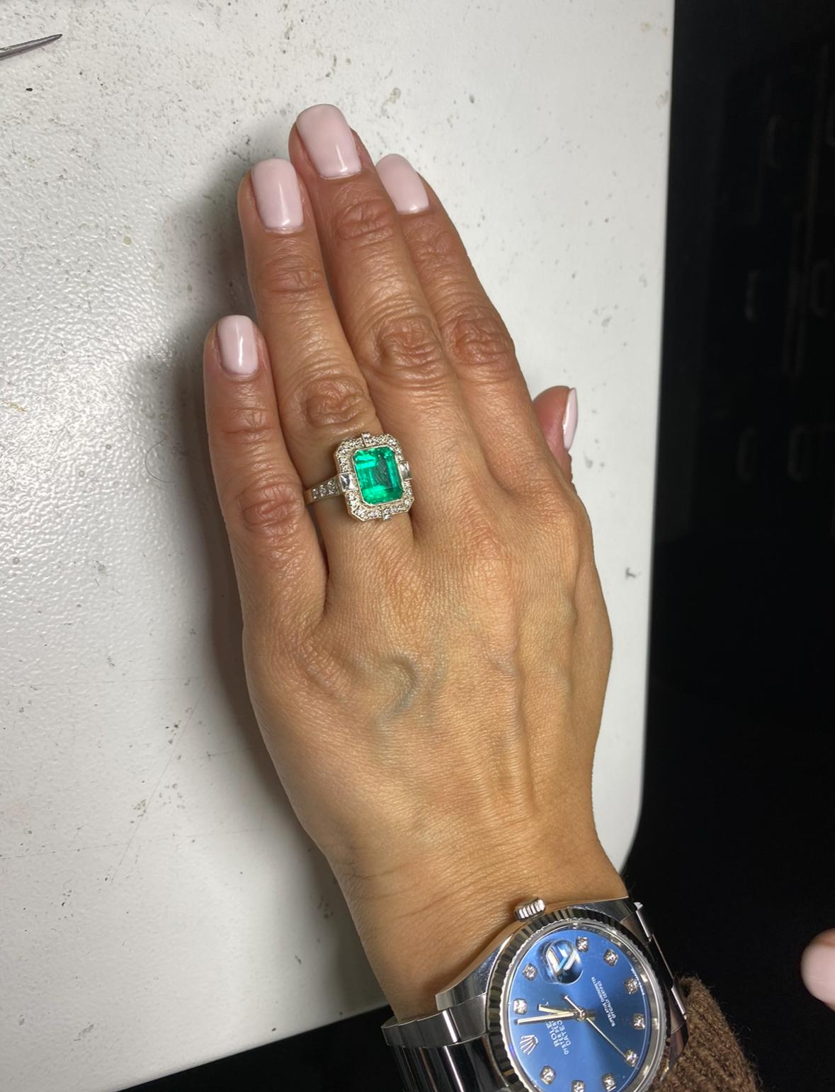 Art Deco GIA Certified 4.60 Carat Colombian Emerald Halo Diamond Engagement Ring For Sale 8