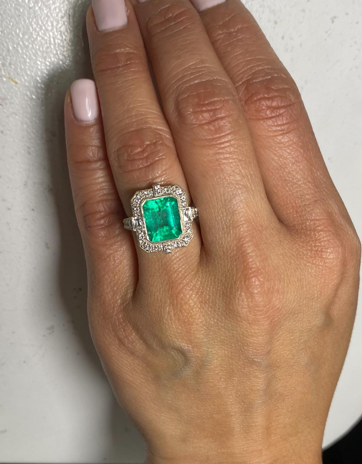 Art Deco GIA Certified 4.60 Carat Colombian Emerald Halo Diamond Engagement Ring For Sale 10
