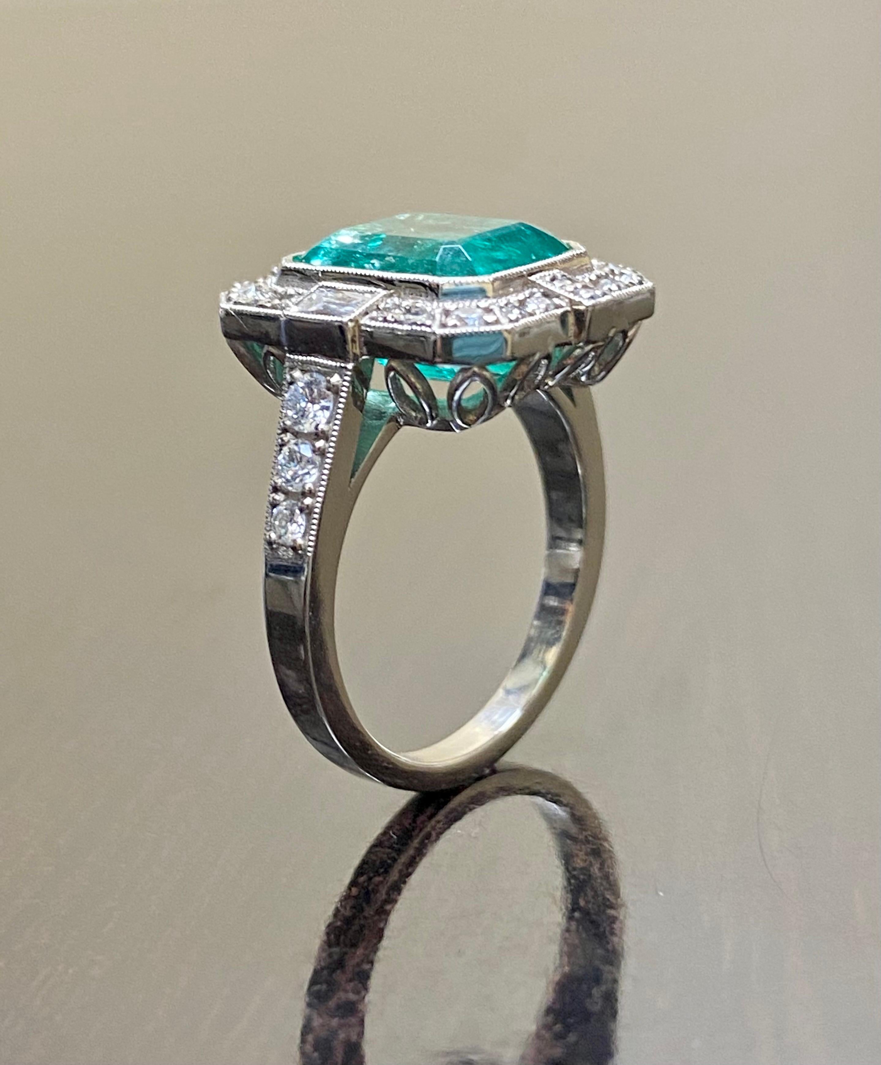 Art Deco GIA Certified 4.60 Carat Colombian Emerald Halo Diamond Engagement Ring For Sale 2