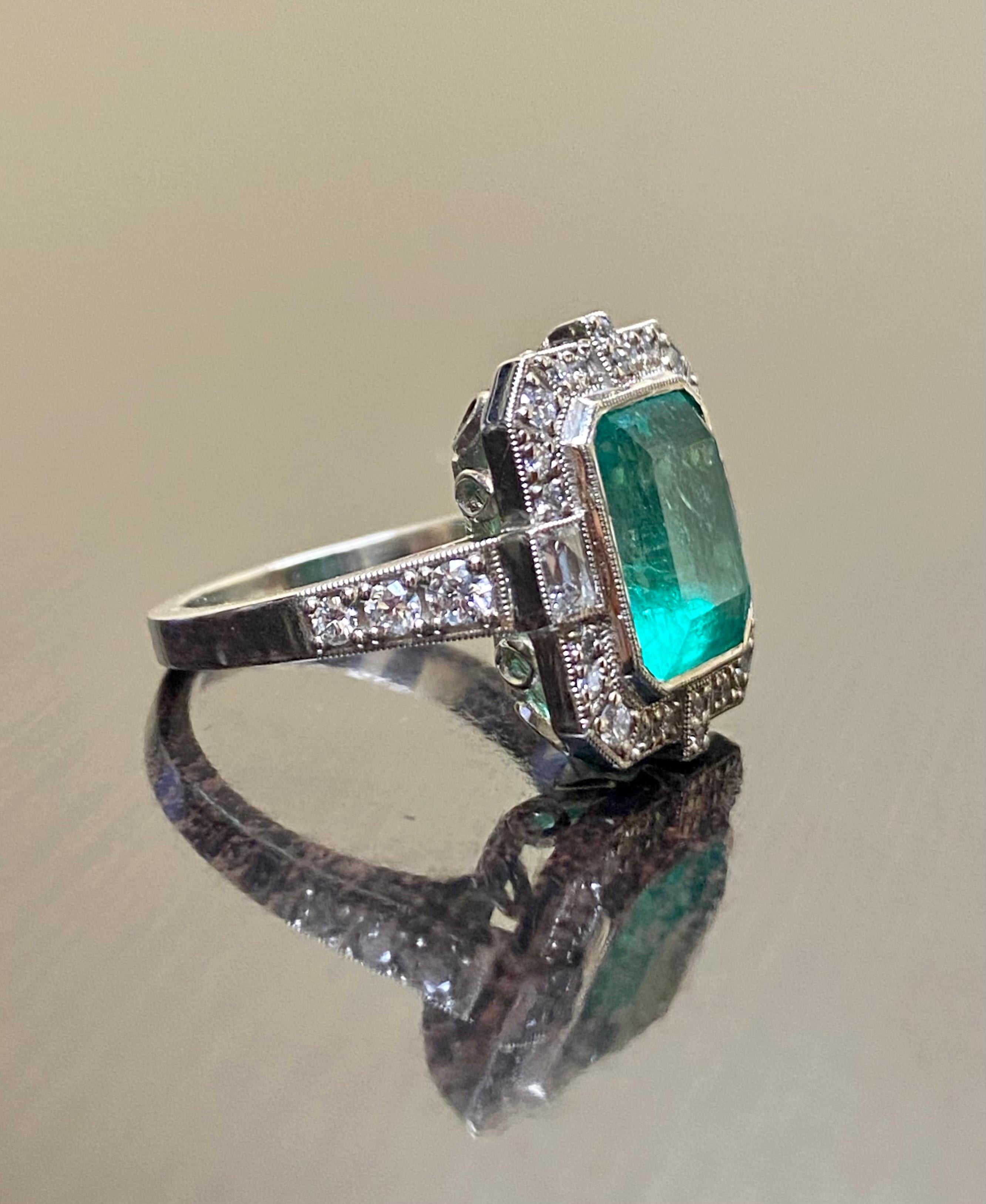 Art Deco GIA Certified 4.60 Carat Colombian Emerald Halo Diamond Engagement Ring For Sale 4