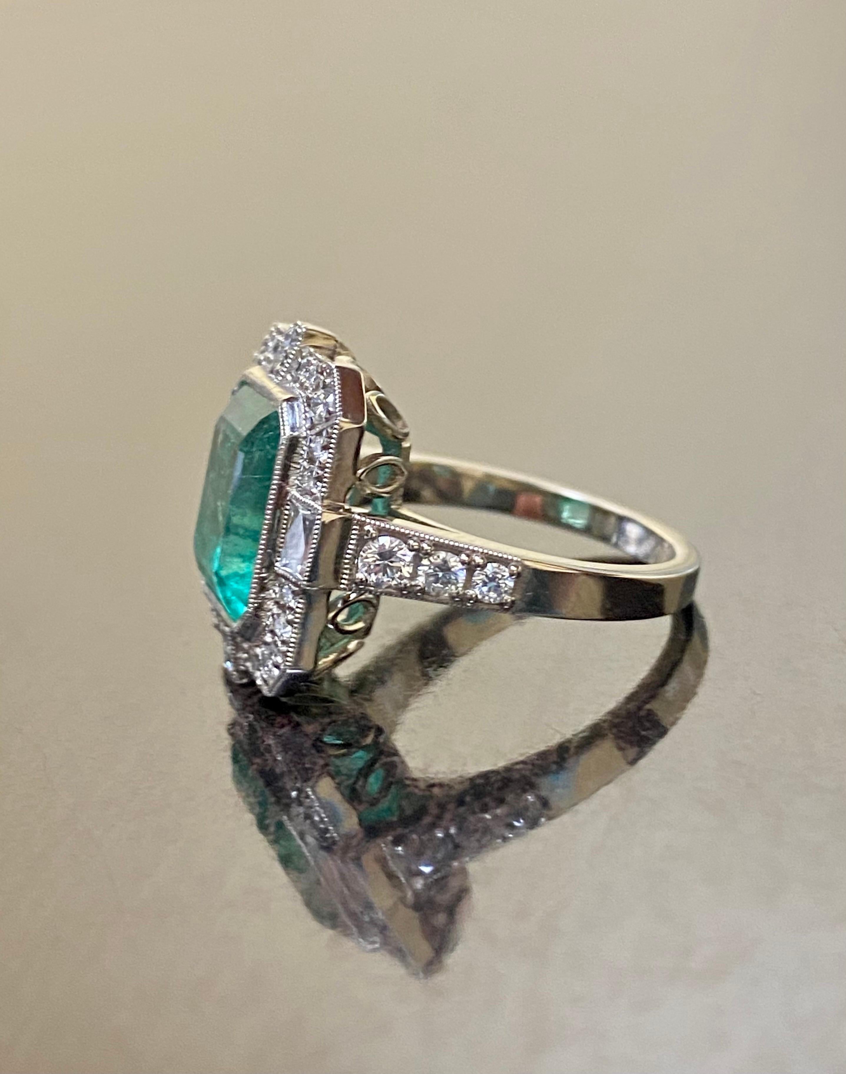 Art Deco GIA Certified 4.60 Carat Colombian Emerald Halo Diamond Engagement Ring For Sale 5