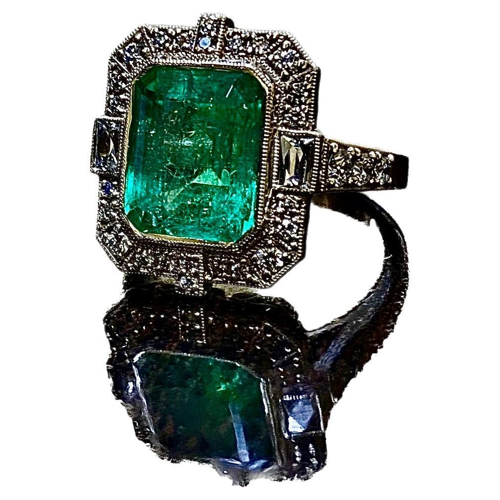 Art Deco GIA Certified 4.60 Carat Colombian Emerald Halo Diamond Engagement Ring For Sale