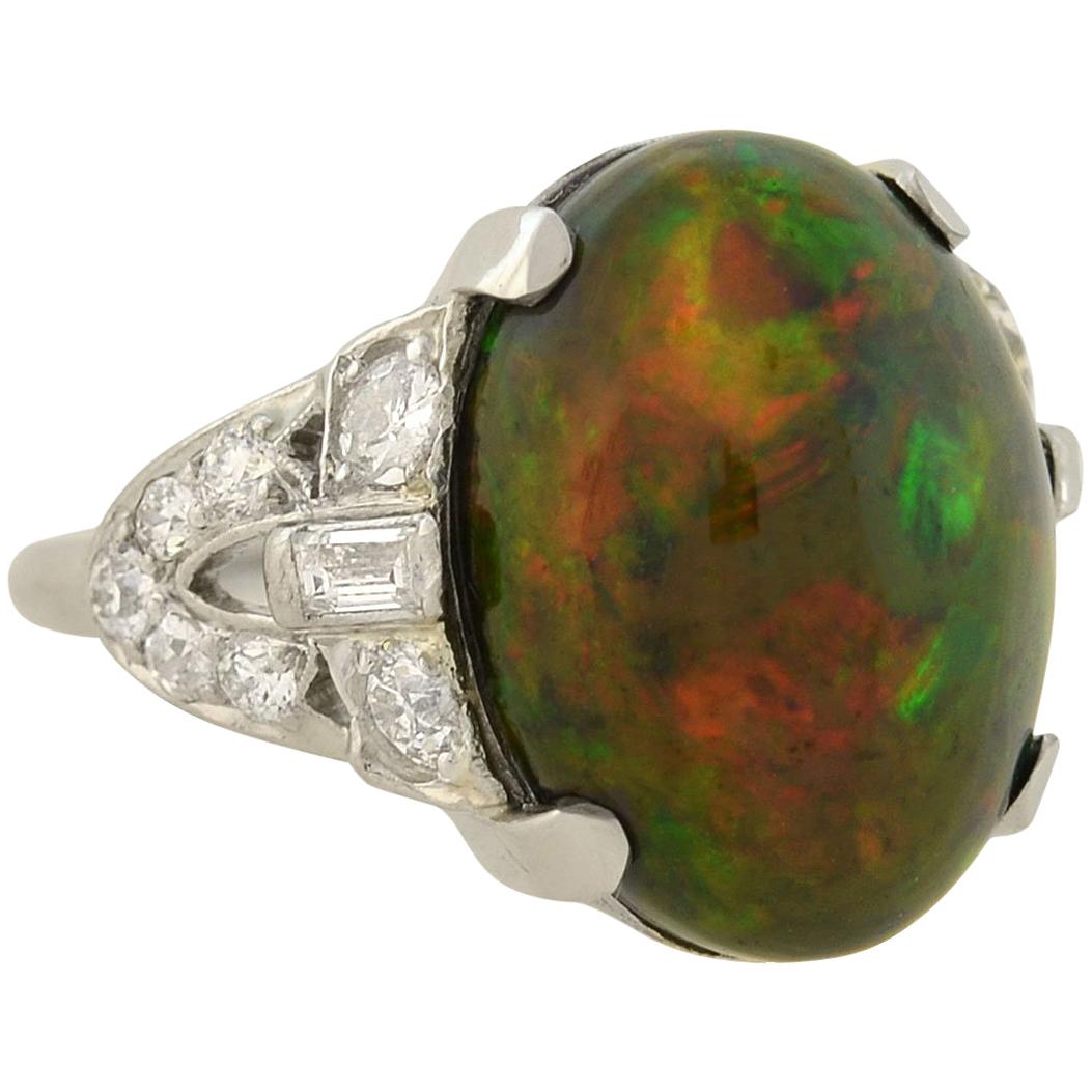 Art Deco GIA Certified Black Opal Diamond Ring
