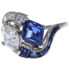 Art Deco GIA Certified Ceylon Sapphire Diamond Platinum Bypass Ring
