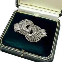 Art Deco GIA Certified Diamond Duette Brooch, Half Moon Celestial, 18K Gold