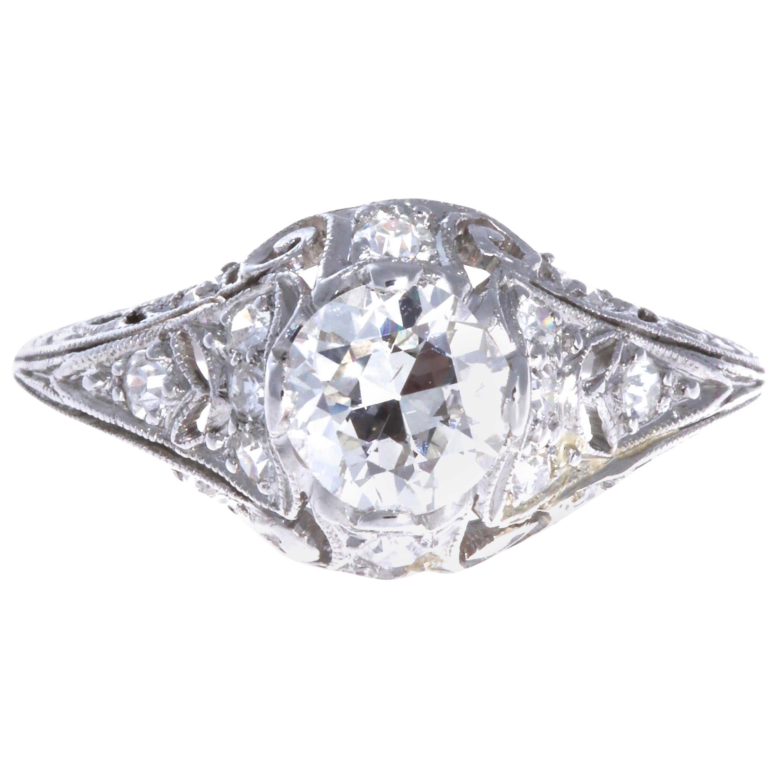 Art Deco GIA Certified Diamond Platinum Filigree Ring