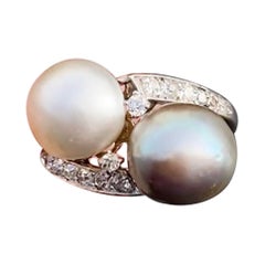 Bague de fiançailles Toi-et-Moi Art Déco GIA Certified Natural Pearl Diamond French