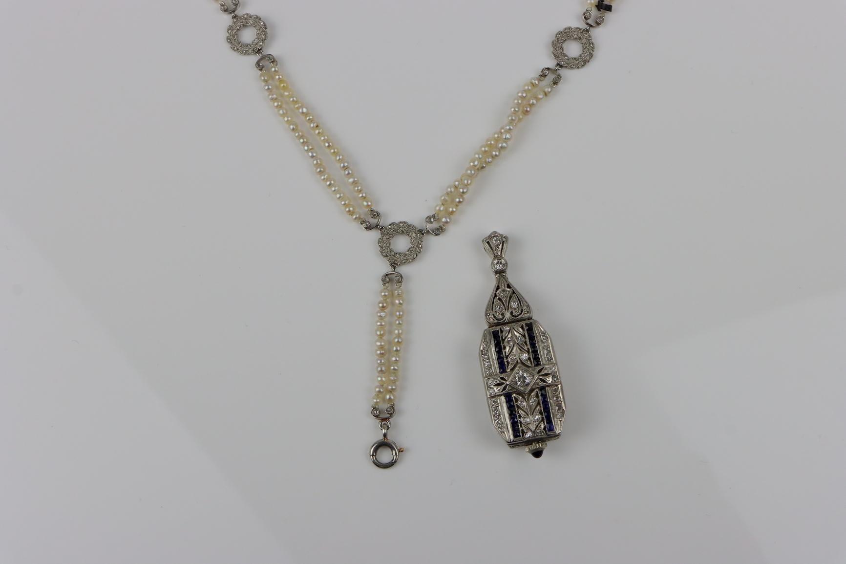 Art Deco GIA zertifizierte natürliche Salzwasserperlen-Halskette Diamant-Uhr-Anhänger im Angebot 10