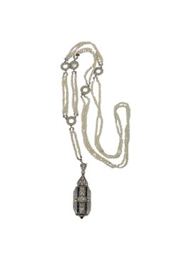 Antique Art Deco GIA Certified Natural Salt Water Pearl Necklace Diamond Watch Pendant