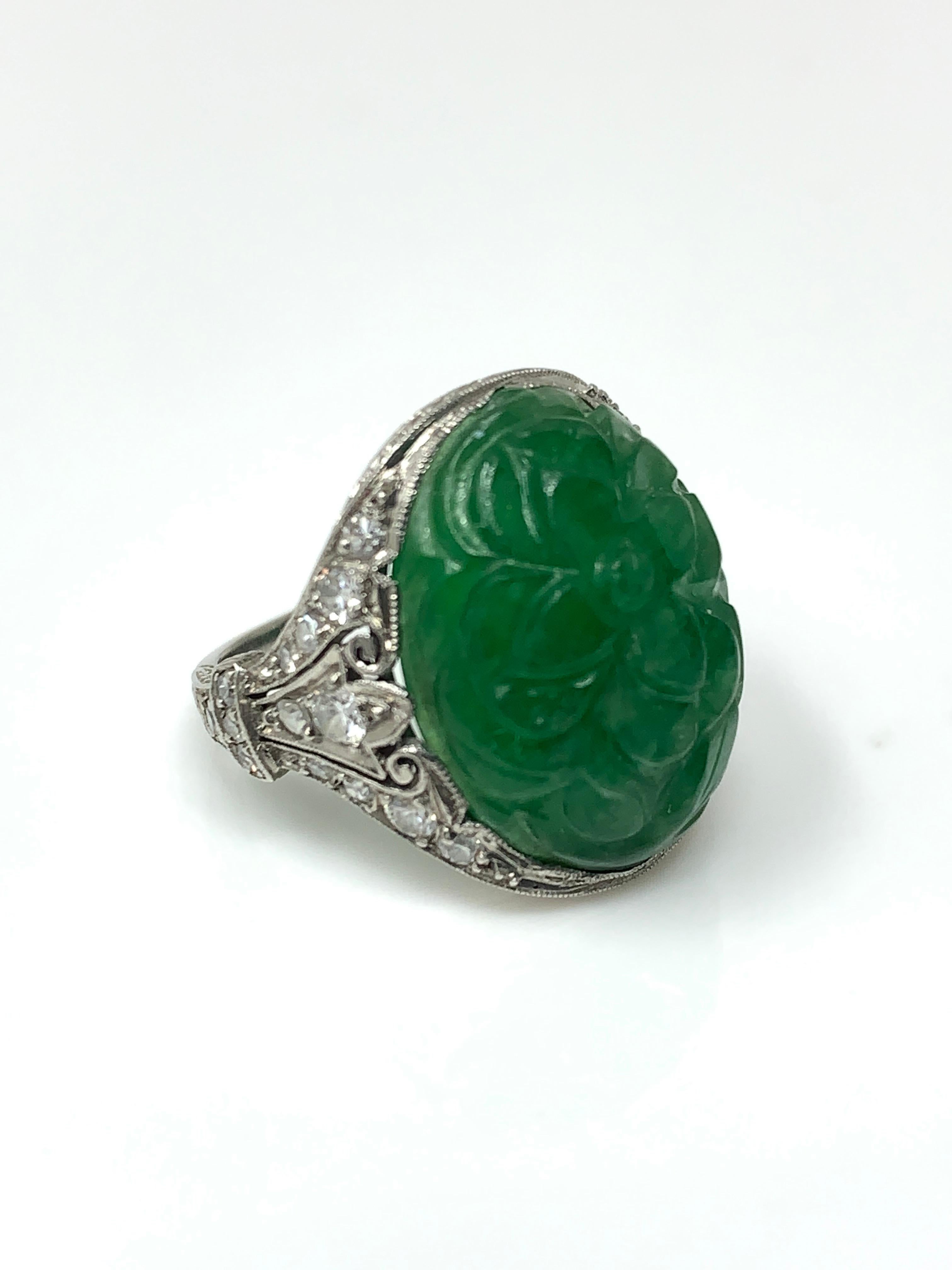Oval Cut Art Deco GIA Certified Oval Carved Jade and Diamond Ring in Platinum For Sale