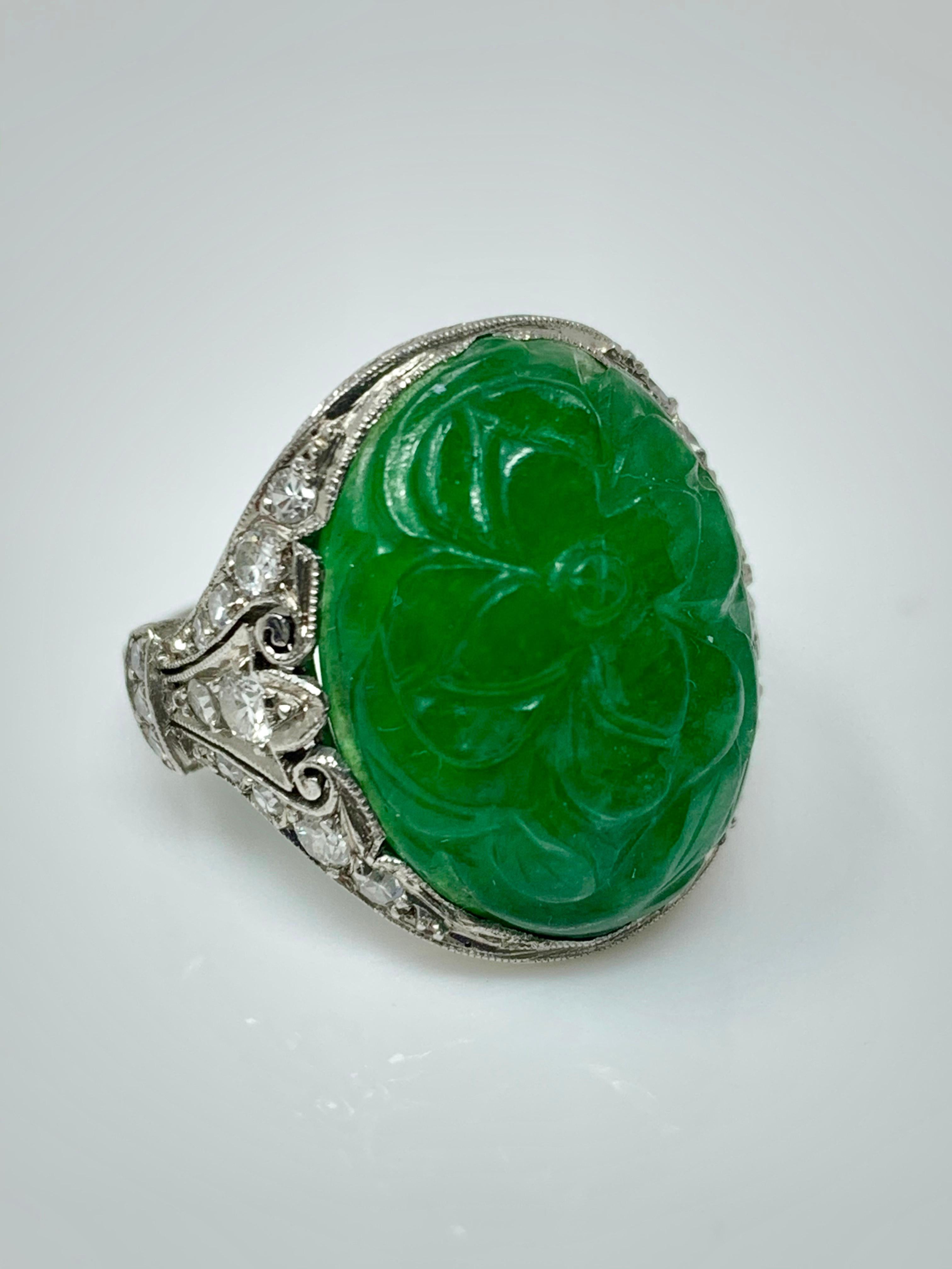 Art Deco GIA Certified Oval Carved Jade and Diamond Ring in Platinum For Sale 2