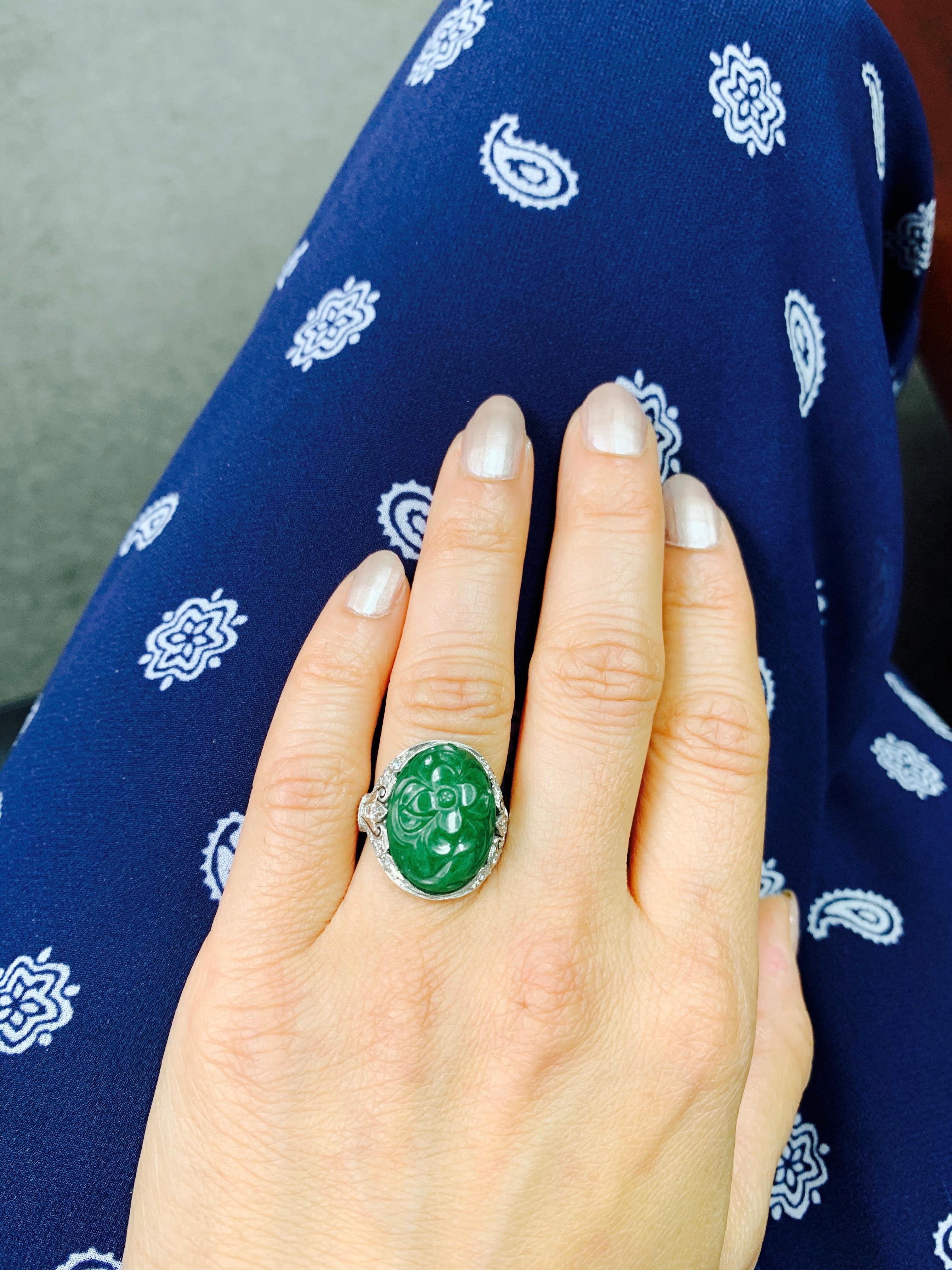 Art Deco GIA Certified Oval Carved Jade and Diamond Ring in Platinum For Sale 3