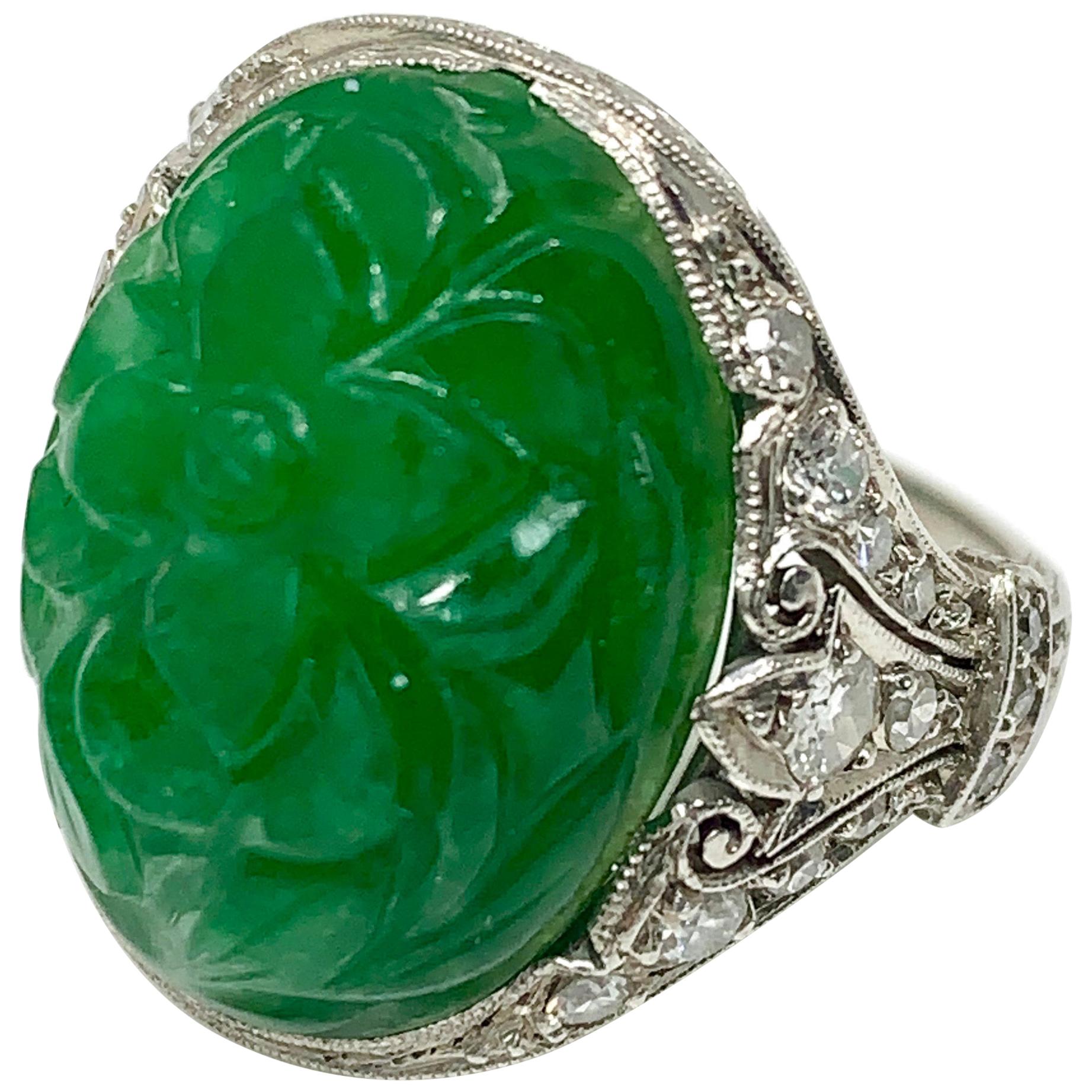 Art Deco GIA Certified Oval Carved Jade and Diamond Ring in Platinum For Sale