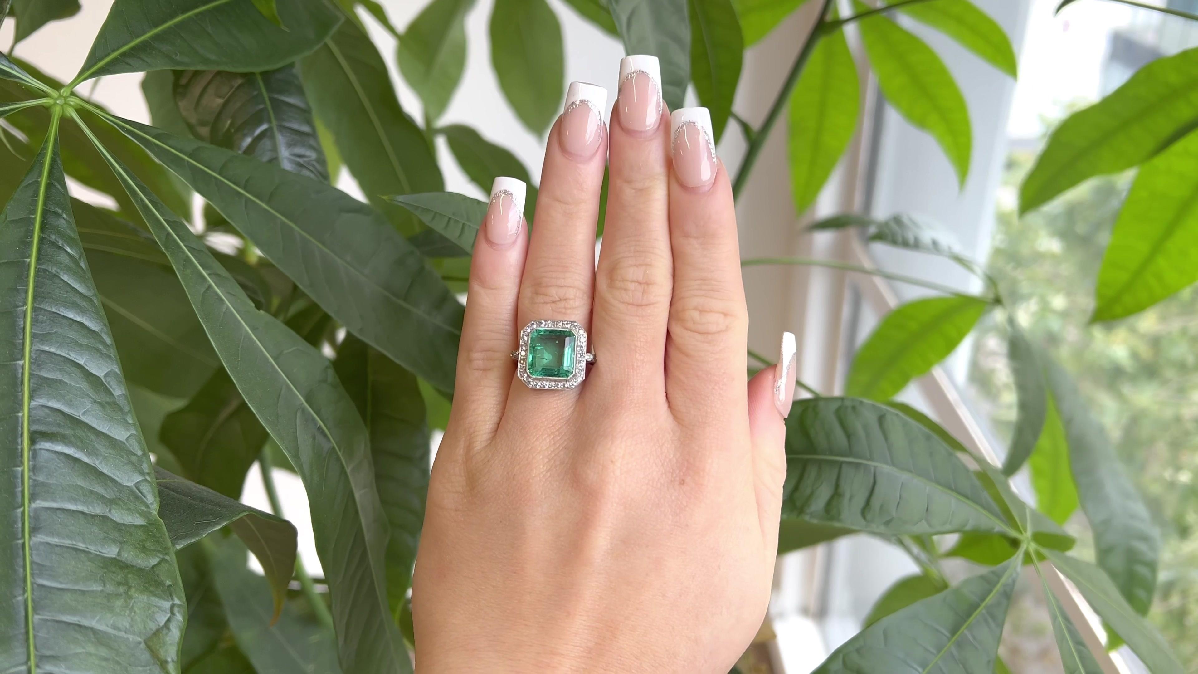 Square Cut Art Deco GIA Colombian 5.00 Carats No Oil Emerald Diamond Platinum Ring