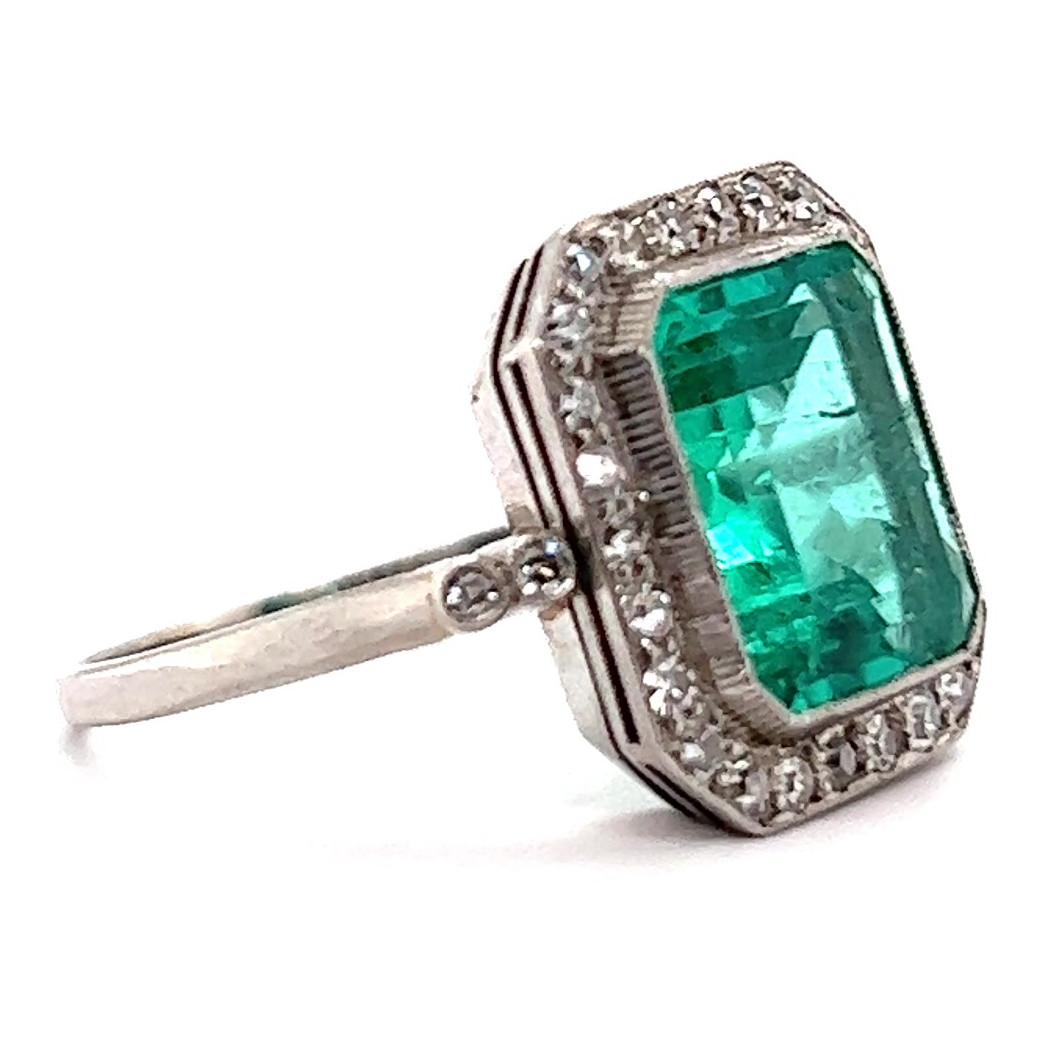 Art Deco GIA Colombian 5.00 Carats No Oil Emerald Diamond Platinum Ring In Excellent Condition In Beverly Hills, CA