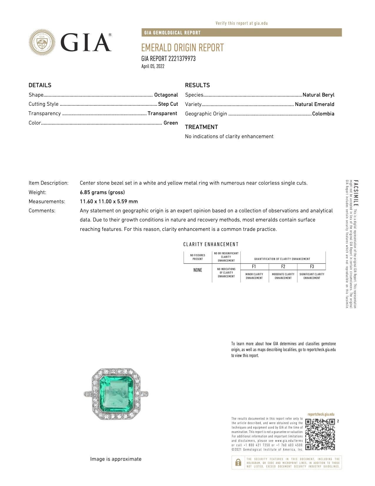 Art Deco GIA Colombian 5.00 Carats No Oil Emerald Diamond Platinum Ring 2