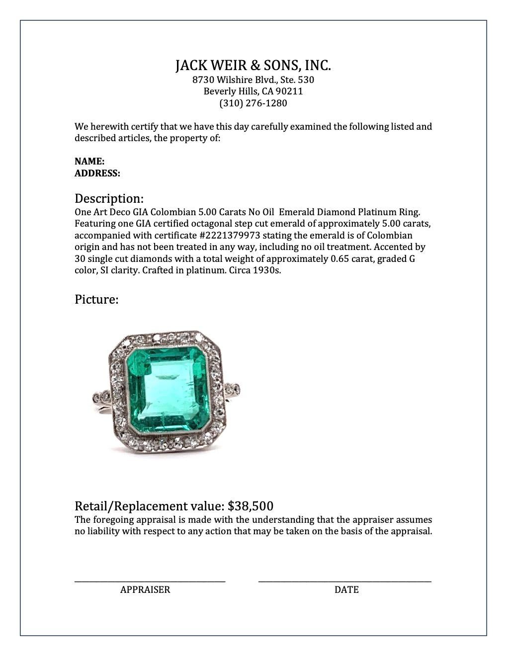 Art Deco GIA Colombian 5.00 Carats No Oil Emerald Diamond Platinum Ring 3