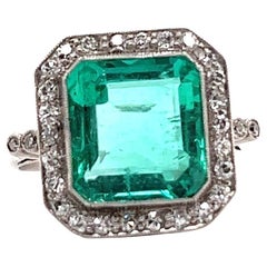 Art Deco GIA Colombian 5.00 Carats No Oil Emerald Diamond Platinum Ring