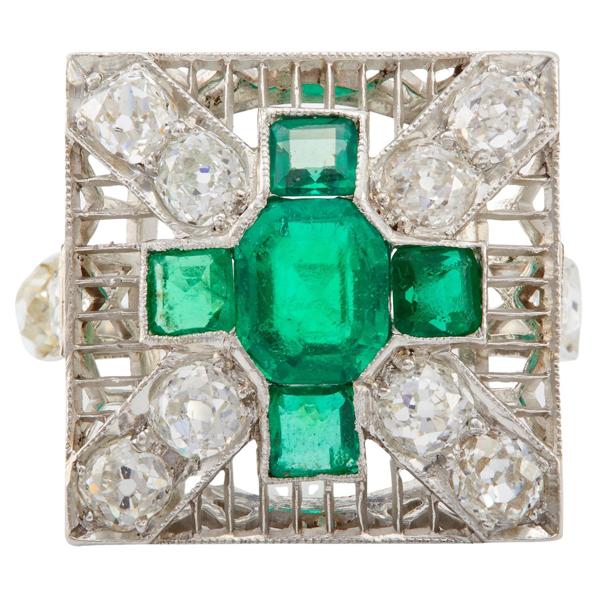 Art Deco GIA Colombian Emerald and Diamond Platinum Square Dinner Ring