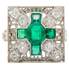 Vintage Art Deco GIA Colombian Emerald and Diamond Platinum Square Dinner Ring