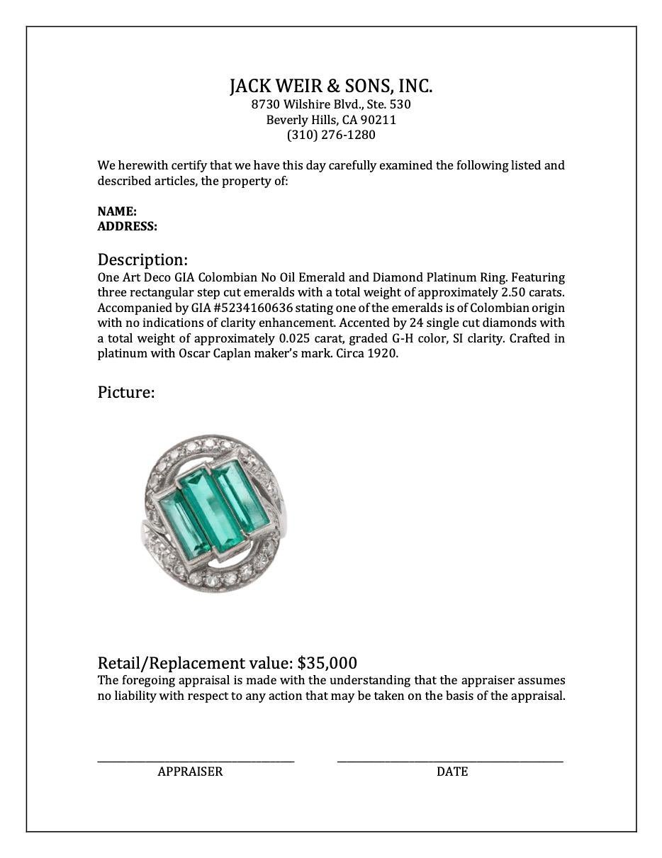 Art Deco GIA Colombian No Oil Emerald and Diamond Platinum Ring For Sale 2