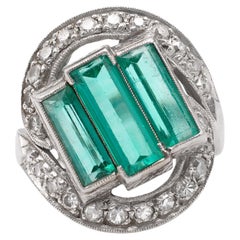 Art Deco GIA Colombian No Oil Emerald and Diamond Platinum Ring