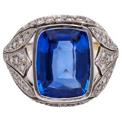 Art Deco GIA Cushion Cut Ceylon Sapphire Diamond 18k Yellow Gold Platinum Ring