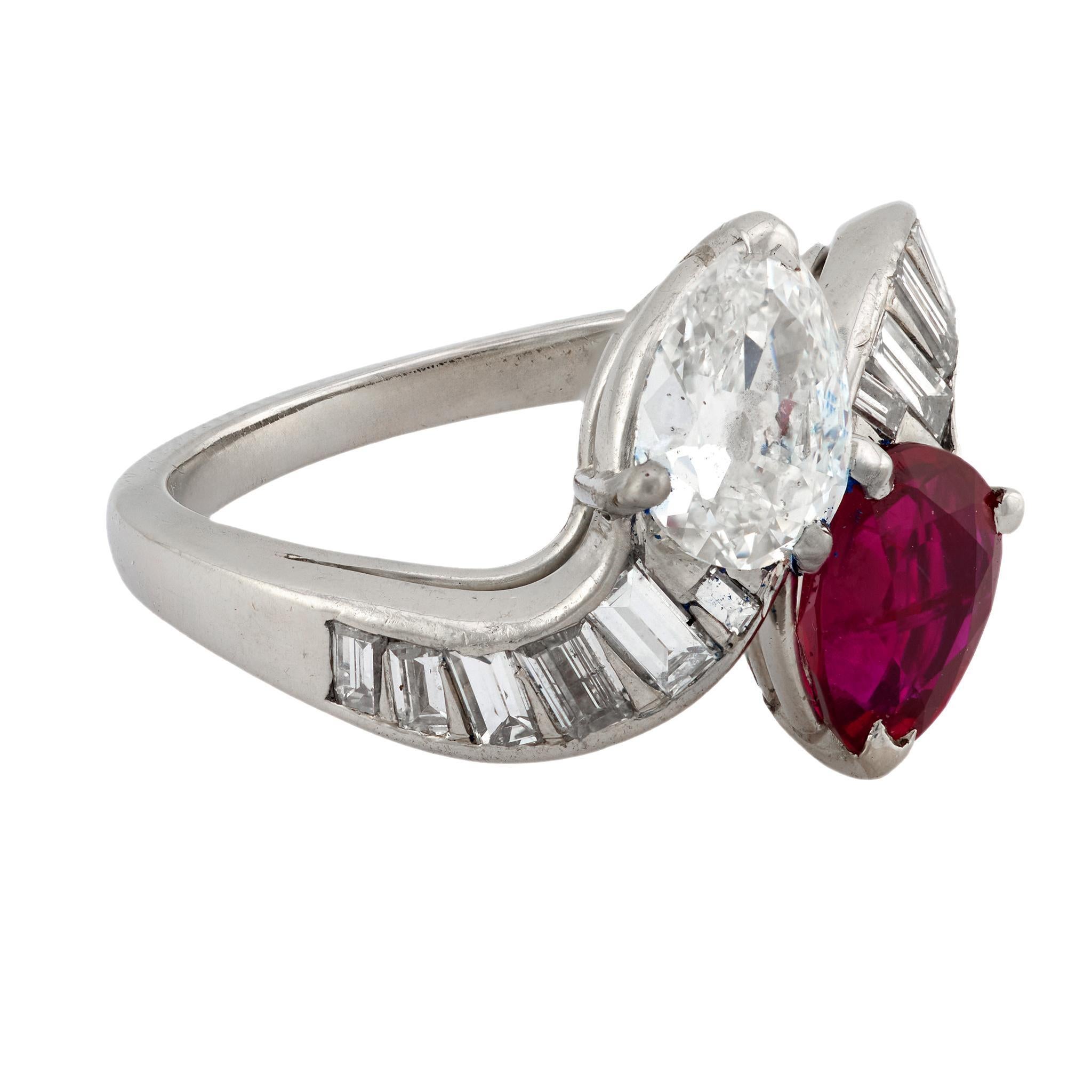 Art Deco GIA diamante AGL 1,55 carati Burma senza calore rubino anello bypass in platino In condizioni buone in vendita a Beverly Hills, CA