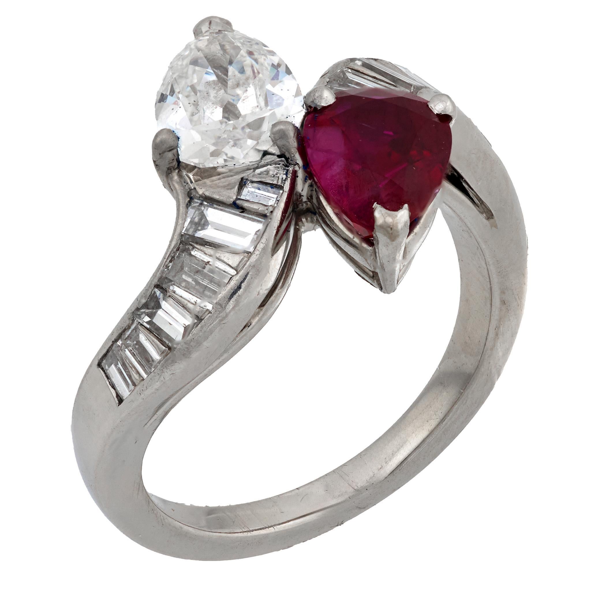 Art Deco GIA diamond AGL 1.55 carat Burma no heat ruby platinum bypass ring